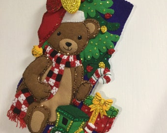 Bucilla Completed Felt TEDDY BEAR Christmas Stocking