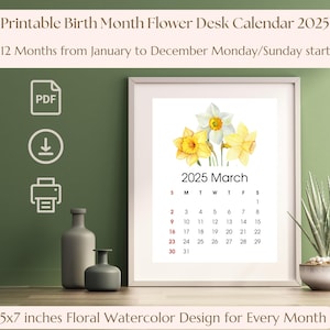 Calendário de flores para o mês de nascimento para impressão 2025, mini calendário 5x7, 2025 mensal de mesa, domingo segunda-feira início tamanho carta A4 cartões florais em aquarela