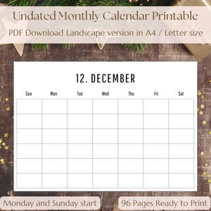 Undated Monthly Calendar Printable, Printable 12 Month Calendar Blank, Perpetual Calendar Planner, Landscape A4 Letter, Monday&Sunday start