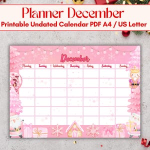 Könnte beinhalten: Ein rosa Dezember-Planer mit festlichem Design. Der Kalender hat ein Rasterlayout mit beschrifteten Wochentagen. Dekorative Elemente sind Weihnachtsbäume, Schneeflocken und Geschenkboxen. Der Text "Planner December" und "Printable Undated Calendar PDF A4 / US Letter" werden angezeigt.