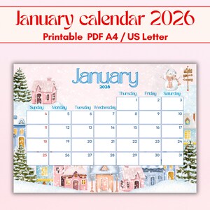 以下が含まれることがあります： 冬の村をテーマにした、印刷可能な2026年1月のカレンダー。カレンダーは、薄い青とピンクの色使いで、家、雪、雪だるまのイラストが特徴です。「2026年1月」の文字が大きく表示されています。
