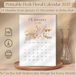 Printable Monthly Floral Calendar 2025, 5 x 7 Mini Calendar 2025, 2025 Desk Monthly, Mini Wall Calendar 2025, Boho Watercolor Cards
