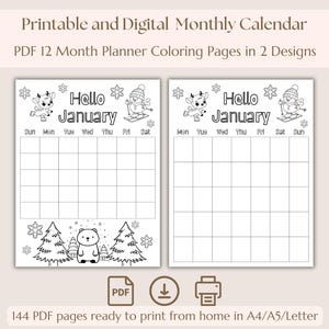 2025 Printable Calendar, 12 Monthly coloring pages, Month Calendar journal kit, Monthly a5 pages inserts, Bujo planner print coloring, Color