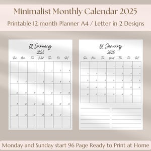 Monthly Printable Calendar 2025 Minimal, 12 Month 2025, Minimalist Planner Calendar A4/Letter, Instant Download PDF, Sunday Monday start