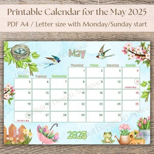 Calendario de mayo de 2025 Calendario mensual de acuarela 2025 para mayo Calendario mensual de pared 2025 Planificador de mayo 2025 imprimible Descarga PDF A4/Carta Mayo