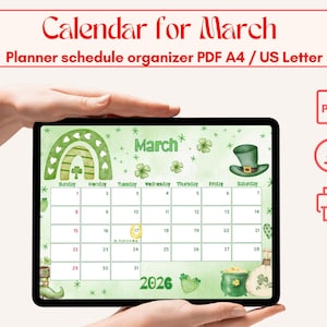 Puede incluir: Un calendario digital de marzo en una tableta, con un tema verde con tréboles, un arcoíris y un sombrero de duende. Se muestra el texto "Calendar for March" y "Planner schedule organizer PDF A4 / US Letter".