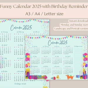 Calendario divertido 2025 con recordatorio de cumpleaños, imprimible PDF 2025 A3/A4/Carta/Lunes Domingo inicio, lindo calendario de pared 2025, regalo de navidad