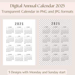 デジタル新年 2025 カレンダー、2025 透明カレンダー PNG、年間カレンダー、2025 カレンダー JPG、印刷可能なカレンダー、デジタルカレンダー 2025