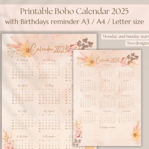 Calendario Boho 2025 con promemoria compleanni, calendario annuale floreale A3 A4 Letter, anno di una pagina, poster in stile Boho