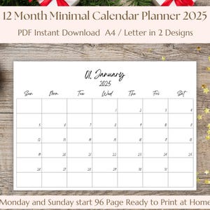 Monthly Minimal Calendar Planner 2025, 12 Month 2025 with notes, Landscape A4/Letter Instant Download PDF, January December Calendar, Sunday