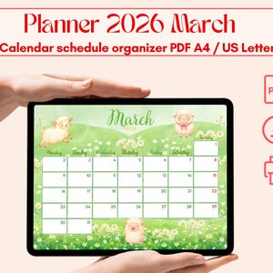 Puede incluir: Un planificador digital para marzo de 2026, mostrado en una tableta. El calendario presenta un fondo verde con ilustraciones de ovejas y flores. El texto "Planner 2026 March" está en la parte superior, con opciones PDF A4/US Letter.