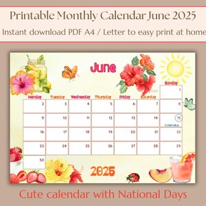 June 2025 Calendar Funny watercolor calendar for june Printable dated monthly calendar Month planer schedule for the June Wall calendar 2025