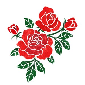 May include: A bouquet of red roses with green leaves. The roses are stylized and have a dotted pattern.