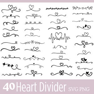 May include: A selection of 40 black heart divider designs in different styles. The designs feature single, double, and patterned hearts. The text "40 Heart Divider SVG PNG" is displayed at the bottom of the image.