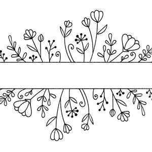 May include: Black and white line drawing of a floral border with flowers and leaves. The border is divided into two sections, with the top section featuring a larger variety of flowers and leaves. The bottom section features a more simple design with smaller flowers and leaves.