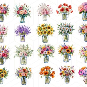 May include: Watercolor illustrations of various flower bouquets in mason jars. The bouquets feature sunflowers, poppies, lavender, daisies, and roses in vibrant colors. Each jar has a handle and is filled with water, showcasing the flowers.