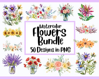50 akvarellblommor mega-paket, png-filer, akvarellblommor png-paket, blomma i masonburk, blombukettpaket