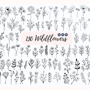 May include: A collection of 130 black and white wildflower illustrations. The drawings include various floral and botanical elements, such as flowers, leaves, and stems. The text "130 Wildflowers" is displayed in a pink oval.