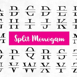 May include: A collection of split monogram letters in a black font, each with a horizontal line dividing the upper and lower halves. The letters are arranged in rows and columns. A bright pink rectangle in the center displays the words "Split Monogram".