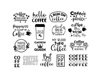 Può includere: Illustrazioni in bianco e nero di citazioni e detti sul tema del caffè. Alcune delle citazioni includono "Il caffè è la mia lingua d'amore", "La felicità è una tazza di caffè", "Funziono a caffeina", "Caffè per favore", "Caffè ora, vino dopo", "Il mio gruppo sanguigno è caffè", "Il caffè rende tutto bello", "Drogato di caffè", "Ma prima il caffè", e "Caffè, caffè, caffè, caffè".
