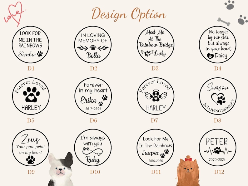 May include: A collection of memorial pet tags with various designs. Each tag is circular and features text such as "In Loving Memory Of" and pet names like "Bella" and "Daisy". Paw prints and hearts are common design elements.