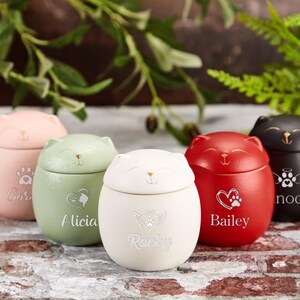 Peut inclure: Cinq urnes en céramique en forme de chat de différentes couleurs, chacune avec un nom personnalisé et un motif d'empreinte de patte. Les urnes sont rose, verte, blanche, rouge et noire.
