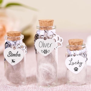 Benutzerdefinierte Haustier Fell Erinnerungsglas, Haustier Pelz Andenken, Haustier Gedenkglas Flasche, Verlust von Haustier Geschenken, Regenbogen Brücke Geschenk, Urne Gedenkgeschenk, Geschenk für Haustier