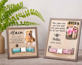 Cornice commemorativa in legno personalizzata per cani con porta collare, cartello commemorativo per collare di animali domestici, cartello con foto, regalo per la perdita di un animale domestico, regalo per animali domestici