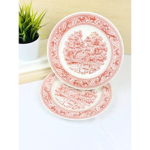 Vtg 1965 Memory Lane Royal Ironstone Red Transferware 10” Dinner Plates USA - Set of 2