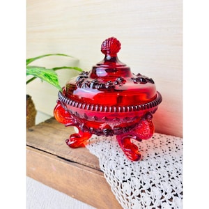 Vintage Westmoreland "Argonaut Shell" Ruby Red Glass Covered Dish – Footed Trinket Box