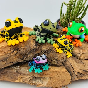 Könnte beinhalten: Eine Sammlung farbenfroher Froschfiguren in verschiedenen Posen, die auf einem Holzstück ruhen. Die Frösche sind in Gelb-, Grün-, Schwarz-, Blau- und Rosatönen gehalten und weisen detaillierte Merkmale auf. Im Hintergrund befindet sich eine kleine Topfpflanze.