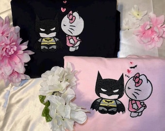 Felpe con ricamo Kitty x Bat Man, felpe abbinate, abbigliamento per coppie, personaggi