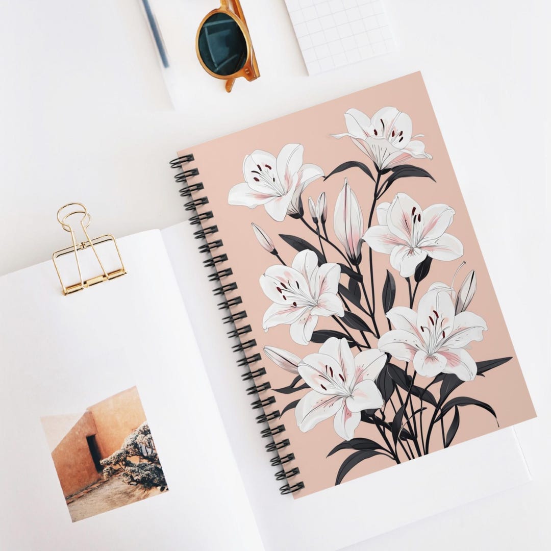 White Lily Bouquet Spiral Notebook | Floral Ruled Journal - Etsy