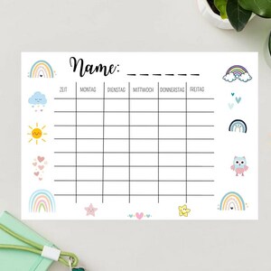 May include: A white schedule chart with the word "Name:" at the top. The chart has a grid for daily entries, with decorative rainbows, clouds, suns, hearts, and an owl. A pencil rests on the side.