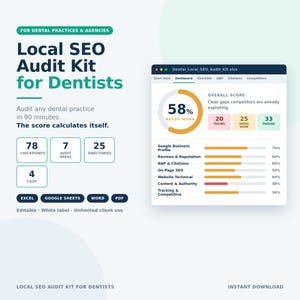 May include: A Local SEO Audit Kit for Dentists digital product display featuring a dashboard interface with an overall score of 58 percent, 78 checkpoints, 7 audit areas, 25 directories, and 4 files. The text includes Excel, Google Sheets, Word, and PDF.