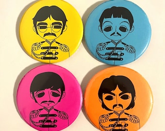 May include: Four colorful round buttons featuring cartoon illustrations of a man in a military-style jacket. The buttons are yellow, blue, pink, and orange. Each button has a different color background and a black illustration.