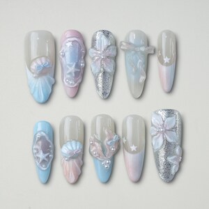 Mermaid Press-On Nails - 3D Ocean Design with Bows for Summer