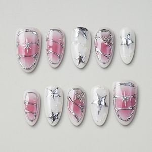 Y2K Milky Almond Nails Pink White Ombre with Silver Stars and Butterflies