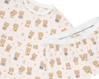 Cute Beige Teddy Bear Pajama Set for Women | Soft Kawaii Cozy Sleepwear | Aesthetic Lounge Home Outfit | Comfy Pajamas Set Gift Idea