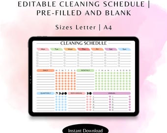 May include: A digital cleaning schedule template on a tablet screen. The template includes daily, weekly, monthly, quarterly, semi-annual, and annual cleaning tasks. The template is color-coded and includes checkboxes for each task.