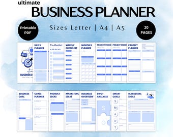 May include: A printable business planner with 20 pages in letter, A4, and A5 sizes. The planner includes sections for daily, weekly, and monthly planning, as well as project vision, project planning, business goals, product ideas, marketing ideas, business overview, SWOT analysis, and smart goals.