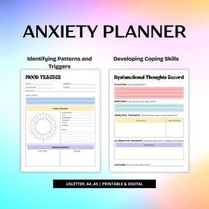 May include: Printable anxiety planner with a mood tracker, negative events log, and dysfunctional thoughts record. The planner is designed to help identify patterns and triggers, and develop coping skills.
