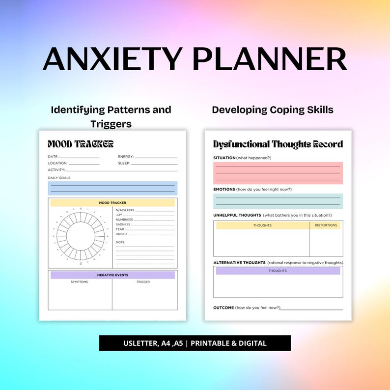 May include: Printable anxiety planner with a mood tracker, negative events log, and dysfunctional thoughts record. The planner is designed to help identify patterns and triggers, and develop coping skills.