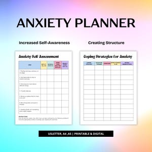 May include: Printable anxiety planner with a pink and blue color scheme. The planner includes sections for increased self-awareness and coping strategies for anxiety. The self-assessment section includes a list of common anxiety symptoms and a scale to rate their frequency. The coping strategies section includes columns for coping strategy, situation/trigger, duration, effectiveness, and notes/observations.