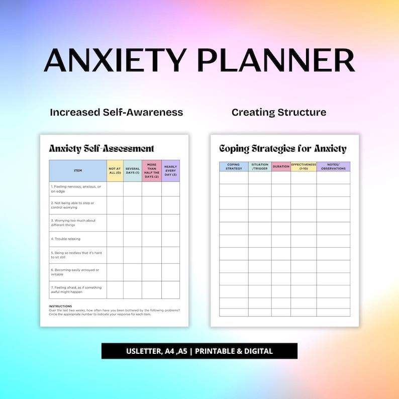 May include: Printable anxiety planner with a pink and blue color scheme. The planner includes sections for increased self-awareness and coping strategies for anxiety. The self-assessment section includes a list of common anxiety symptoms and a scale to rate their frequency. The coping strategies section includes columns for coping strategy, situation/trigger, duration, effectiveness, and notes/observations.