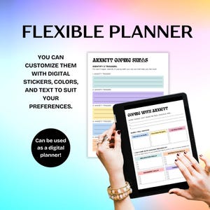 May include: A digital planner with a pink, blue, and yellow color scheme. The planner is designed to help people cope with anxiety. It includes sections for identifying triggers, coping skills, and relaxation techniques. The text on the planner says "Anxiety Coping Skills" and "Coping with Anxiety".