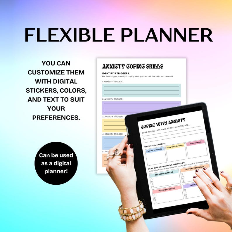 May include: A digital planner with a pink, blue, and yellow color scheme. The planner is designed to help people cope with anxiety. It includes sections for identifying triggers, coping skills, and relaxation techniques. The text on the planner says "Anxiety Coping Skills" and "Coping with Anxiety".