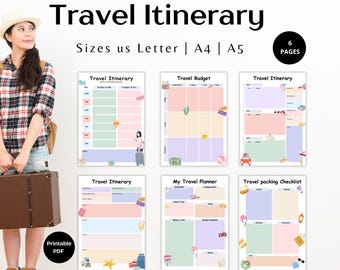 Puede incluir: Planificador de itinerario de viaje imprimible con seis páginas, que incluye un rastreador de presupuesto, una lista de verificación de empaque y páginas de itinerario. Las páginas están decoradas con colores pastel e ilustraciones lindas.