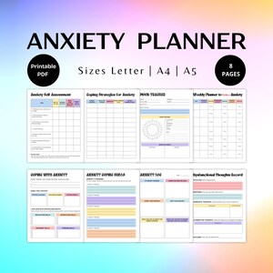 May include: Printable anxiety planner with 8 pages. The pages are color-coded and include sections for self-assessment, coping strategies, mood tracking, weekly planning, dysfunctional thoughts, and more.