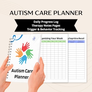 May include: A spiral-bound "Autism Care Planner" with a white cover featuring colorful handprints. The planner includes sections for daily progress logs, therapy notes, and trigger and behavior tracking. The title "Autism Care Planner" is printed on the cover.